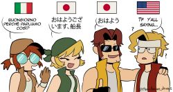  2boys 2girls ? american_flag bandana black_gloves blonde_hair brown_hair brown_hat commentary english_text fingerless_gloves fio_germi glasses gloves green_bandana hair_intakes hand_on_another's_shoulder hat headband highres italian_flag italian_text japanese_flag kasamoto_eri marco_rossi metal_slug multiple_boys multiple_girls open_mouth pencilman_draws round_eyewear simple_background spanish_commentary sunglasses sweat tarma_roving thumbs_up translation_request twitter_username upper_body white_background white_headband 