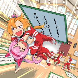  >_< 4girls ^_^ ahoge animal_ears arm_around_waist arms_up brown_hair closed_eyes commentary_request crown dodging ear_covers fisheye foreshortening full_body hair_between_eyes hands_up haru_urara_(umamusume) headband high_ponytail highres horse_ears horse_girl horse_tail ike_(user_hmra7432) indoors jacket jumping long_hair long_sleeves looking_ahead looking_at_another matikanefukukitaru_(umamusume) meisho_doto_(umamusume) mini_crown motion_blur motion_lines multicolored_hair multiple_girls o_o open_mouth orange_hair orange_tail outstretched_arms pants pink_hair pink_tail ponytail red_pants red_track_suit school_gym shoes short_hair single_ear_cover smile speed_lines standing standing_on_one_leg surprised sweat t.m._opera_o_(umamusume) tail throwing track_jacket track_pants track_suit two-tone_hair umamusume v-shaped_eyebrows violet_eyes 