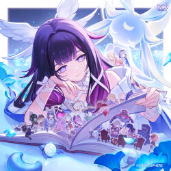1girl absurdres angel_wings bare_shoulders black_hair blue_bow blunt_bangs book bow character_doll columbina_(genshin_impact) commentary_request crescent crescent_moon eyebrows_visible_through_hair flower genshin_impact hair_ribbon hand_on_own_cheek hand_on_own_face head_on_hand head_wings highres holding_paper multicolored_hair open_book paper_doll petals pink_hair purple_eyes ribbon ribbon_around_body smile streaked_hair turning_page white_bow white_ribbon wings