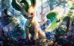  8686island animal_focus brown_eyes brown_fur brown_sclera closed_mouth colored_sclera commentary_request forest green_fur leaf leafeon looking_at_viewer mouth_hold nature no_humans pokemon pokemon_(creature) pokemon_focus tree tree_stump water yellow_fur 