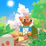  artist_name black_eyes blue_eyes blue_sky charjabug chikafuji closed_eyes clouds commentary_request cumulonimbus_cloud day grass grubbin highres hot leaf lens_flare no_humans on_head open_mouth outdoors plant pokemon pokemon_(creature) pokemon_on_head sky sun sweat tree 
