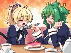  2girls :d ^_^ ahoge ando_tazusa antenna_hair assault_lily black_ribbon black_skirt blonde_hair blush breasts cake cake_slice closed_eyes commentary couch cropped_jacket digamma elbow_on_table fang feeding food fork gradient_background green_hair hair_between_eyes hand_on_own_cheek hand_on_own_face hands_up head_rest high-waist_skirt high_ponytail holding holding_fork juliet_sleeves large_breasts long_sleeves medium_hair multiple_girls neck_ribbon on_couch open_mouth orange_background plate ponytail puffy_sleeves purple_ribbon ribbon saucer school_uniform shirt skin_fang skirt smile table tea teapot two-tone_background two-tone_ribbon two_side_up untranslatable_commentary upper_body white_background white_shirt yellow_ribbon yoshimura_thi_mai yuri yurigaoka_girls_academy_school_uniform 
