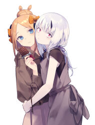  2girls abigail_williams_(fate) abigail_williams_(traveling_outfit)_(fate) absurdres alternate_costume black_bow black_shirt blonde_hair blue_eyes blush bow breasts candy chocolate chocolate_bar commentary_request daisi_gi fate/grand_order fate_(series) food forehead grey_overalls grey_skirt hair_bow hair_bun highres hooded_shirt horns hug lavinia_whateley_(fate) long_hair long_sleeves multiple_girls orange_bow overalls parted_bangs shirt short_sleeves single_horn skirt small_breasts violet_eyes white_background white_hair wide-eyed 