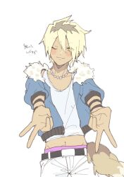  1boy bead_necklace beads bemani blonde_hair blue_jacket blush chara-o closed_mouth dark-skinned_male dark_skin fur-trimmed_jacket fur_trim hair_between_eyes hummingofmyhip jacket jewelry male_focus male_underwear male_underwear_peek midriff_peek necklace one_eye_closed pants pop'n_music pop'n_music_high_cheers!! short_hair smile solo tank_top underwear upper_body v white_background white_tank_top 