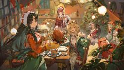  5girls ahoge alcohol awa_subaru beret black_hair black_hat black_thighhighs blonde_hair book bookshelf bottle bow box cake ceiling_light chair chandelier chinese_commentary christmas christmas_ornaments christmas_tree christmas_wreath commentary_request cup drinking_glass ebizuka_tomo eyewear_on_head fake_beard fake_facial_hair food gift gift_box girls_band_cry gloves green_jacket green_scarf green_skirt grey_hair hair_bow hat headscarf highres holding holding_cup holding_sack holding_tray indoors iseri_nina jacket kawaragi_momoka looking_at_viewer multiple_girls open_clothes open_jacket oven_mitts plaid_clothes plaid_jacket plaid_scarf plaid_skirt plate red_bow red_eyes red_hair red_shirt red_thighhighs rupa_(girls_band_cry) sack santa_costume santa_hat scarf shirt sitting skirt string_of_flags table thigh-highs togenashi_togeari tray turkey_(food) violet_eyes wariza white_headscarf window wine wine_bottle wine_glass wreath wuzao yellow_gloves yellow_skirt 