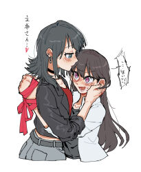  2girls bang_dream! bang_dream!_it's_mygo!!!!! belt black_belt black_choker black_hair black_jacket black_shirt blue_eyes blush choker collarbone commentary criangle_k. ear_piercing earrings hand_on_another's_cheek hand_on_another's_face hug jacket jewelry long_hair lower_teeth_only mole mole_under_eye multiple_girls open_mouth piercing red_ribbon red_shirt restrained ribbon shiina_taki shirt simple_background teeth translated untranslatable_commentary violet_eyes white_background white_jacket yahata_umiri yuri 