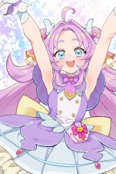  1girl absurdres ahoge akechi_anna armpits arms_up blue_eyes blush bow brooch commentary_request cure_answer dot_nose double_bun dress fingerless_gloves gloves hair_bun hair_intakes hair_ornament heart heart_brooch heart_in_eye highres jewelry long_hair looking_at_viewer magical_girl meitantei_precure! nagisa_(omiwatari_no_ya) open_mouth pouch precure purple_bow purple_dress purple_gloves purple_hair purple_theme shiny_skin smile solo symbol_in_eye very_long_hair white_gloves 