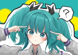 1girl ? aqua_background aqua_hair assault_lily black_ribbon blue_eyes blush bow closed_mouth commentary fingers_to_head hair_ribbon hands_up highres juliet_sleeves long_sleeves looking_at_viewer medium_hair odaiba_girls_high_school_uniform portrait puffy_sleeves purple_bow ribbon school_uniform short_twintails sleeve_bow solo speech_bubble spoken_question_mark suzuki_chinami twintails washi-san 