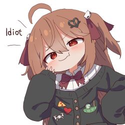  1girl ahoge badge black_cardigan bow bowtie broken_heart broken_heart_hair_ornament brown_hair button_badge cardigan closed_eyes closed_mouth collared_shirt colored_eyelashes commentary deformed dress_shirt english_text evil_neuro-sama fang hair_between_eyes hair_ornament hair_ribbon heart highres korean_commentary light_blush long_hair long_sleeves magg_(user_mtca8588) off-shoulder_cardigan red_bow red_bowtie red_ribbon ribbon shirt simple_background skin_fang skull_hair_ornament smug solo two_side_up upper_body vedal_ai virtual_youtuber white_background white_shirt 