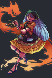  1girl absurdres apron arm_ribbon between_fingers blue_hair blue_sandals commentary dress english_commentary full_body green_apron green_headscarf haniyasushin_keiki headscarf highres holding jewelry long_hair looking_at_viewer magatama magatama_necklace necklace open_mouth pujol_art red_eyes ribbon sandals single_strap smile solo teeth toes tools touhou upper_teeth_only very_long_hair wood_carving_tool yellow_dress 