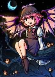  1girl animal bare_tree bird bird_wings commentary_request crescent_moon dade_ne highres looking_at_viewer moon mystia_lorelei night pink_hair red_eyes shirt sitting sky solo sparrow spread_wings star_(sky) starry_sky touhou tree white_shirt wide_sleeves wings 