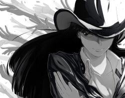  1girl alt_text blunt_bangs closed_mouth commentary cowboy_hat crossed_arms dress extra_arms floating_hair greyscale hat hat_over_one_eye highres long_hair looking_to_the_side monochrome nico_robin one_piece smile smokee_q 