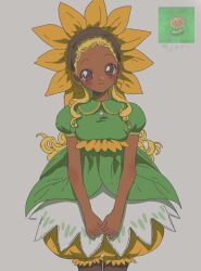  1girl 2000s_(style) anime_coloring animification black_headband blonde_hair bloomers blush breasts brown_eyes closed_mouth collared_dress commentary cowboy_shot curly_hair dark-skinned_female dark_skin dress english_commentary faux_retro_artstyle flower flower_on_head forehead game_screenshot_inset green_dress grey_background head_tilt headband highres jorii_l33 layered_dress leaf_dress long_hair looking_at_viewer loose_hair_strand monster_girl own_hands_together personification peter_pan_collar plant_girl plants_vs._zombies puffy_dress puffy_short_sleeves puffy_sleeves raised_eyebrows screenshot_inset short_dress short_sleeves simple_background small_breasts smile solo straight-on sunflower sunflower_(plants_vs._zombies) tareme two-tone_dress very_dark_skin white_dress yellow_bloomers yellow_flower 