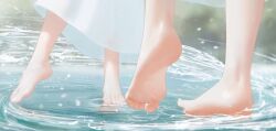  2girls barefoot commentary dress feet fern_(sousou_no_frieren) foot_focus frieren hanr10 highres multiple_girls outdoors soles sousou_no_frieren standing standing_on_liquid toes water white_dress 