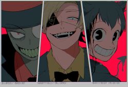  3boys bendy bendy_and_the_ink_machine bill_cipher black_bow black_bowtie black_hair black_hat_(villainous) black_jacket black_necktie blonde_hair bow bowtie colored_skin column_lineup commentary_request crossover demon_tail eyepatch gravity_falls grey_skin grid_teeth grin ink jacket male_focus multiple_boys necktie neg_50asu pac-man_eyes personification red_shirt sharp_teeth shirt smile tail teeth villainous yellow_shirt 