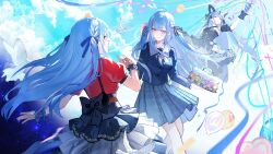  100spring 1girl 3girls arknights art_relay artist_collaboration bad_link bird black_bow black_ribbon blue_hair blue_shirt blue_skirt bow cake character-themed_food chinese_commentary clouds commentary_request curled_horns day demon_horns dress food h2t0riiii_030 hair_ribbon haruy4y01 highres holding holding_cake holding_food holding_party_popper horns kingstal ling_yuan long_hair looking_at_another making-of_available misumi_uika multi-source_commentary multiple_girls multiple_persona oblivionis_(bang_dream!) outdoors party_popper pigeon plaid_clothes plaid_skirt qundaicai_1 ribbon sailor_collar sakura_amano school_uniform shengyezi_heshui shirt shixingyuan shuichengchun shuiyelanliu skirt spoon togawa_sakiko togawa_sakiko_(master_of_melodia) tsukinomori_school_uniform very_long_hair wakaba_mutsumi wu_yiwu_huxi wuyedijin yahata_umiri yellow_eyes yuutenji_nyamu 