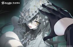  1girl 1other artist_request black_gloves black_hair character_request check_character copyright_name crying gloves half_gloves highres hood jewelry official_art open_mouth orange_eyes reverseblue_x_re-birthend xion_(reverseblue) 