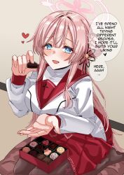  1girl blue_archive blue_eyes box box_of_chocolates braid breasts brown_pantyhose bun_with_braided_base chocolate commentary cushion english_commentary english_text engrish_commentary engrish_text food hair_bun hair_ornament halo heart highres holding holding_chocolate holding_food large_breasts light_blush long_hair long_sleeves looking_at_viewer mimori_(blue_archive) no_shoes open_mouth pantyhose pink_hair pink_halo pink_pupils ranguage red_sailor_collar red_skirt rynn_(darknescorez) sailor_collar seiza shirt single_side_bun sitting skirt solo speech_bubble spoken_heart valentine white_shirt zabuton 