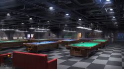  bakuinu ball billiard_ball ceiling_light checkered_floor couch cue_stick highres indoors industrial_pipe original pool_table poster_(object) rubber_duck scenery table trash_can vase vending_machine 
