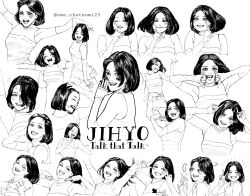  1girl ^_^ arrow_(symbol) blush bob_cut breasts closed_eyes dancing double_thumbs_down double_v elbow_gloves fingerless_gloves gloves greyscale hair_over_one_eye highres jewelry jihyo_(twice) k-pop looking_at_viewer looking_down medium_breasts monochrome open_mouth parted_lips pointing pointing_up real_life ring shirt short_hair skirt sleeveless sleeveless_shirt smile song_name talk_that_talk_(twice) thumbs_down twice_(group) twitter_username ume_chatsumi v 