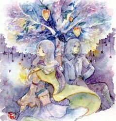  1boy 1girl commentary_request fire_emblem fire_emblem:_radiant_dawn flower food fruit fruit_tree holding holding_flower ilyana_(fire_emblem) kokko_(4242shimeji) long_hair looking_back medium_hair purple_hair tree zihark_(fire_emblem) 