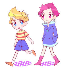  1boy 1girl blonde_hair commentary_request cyappy1022 dress highres hood hooded_dress hoodie kumatora looking_at_viewer lucas_(mother_3) mother_(series) mother_3 open_mouth pink_hair shirt short_hair simple_background smile striped_clothes striped_shirt 