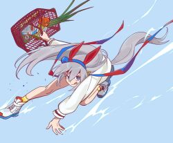  1girl animal_ears bell_pepper blue_eyes blue_hairband blue_shorts closed_mouth drink_carton ear_covers electricity giragira_egao grey_hair grey_tail hair_between_eyes hairband headband holding horse_ears horse_girl horse_tail long_hair long_sleeves milk_carton multicolored_hairband red_headband running shirt shoes shopping_basket shorts socks solo striped_clothes striped_hairband sweater tail tamamo_cross_(casual)_(umamusume) tamamo_cross_(umamusume) tongue tongue_out two-tone_hairband umamusume very_long_hair white_shirt white_sweater yellow_socks 