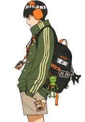  1boy absurdres alternate_costume animal_charm backpack bag black_bag black_eyes black_hair blunt_ends charm_(object) closed_mouth commentary english_commentary eyelashes from_side frown green_jacket grey_shorts highres jacket lanyard m0_mo_momo male_focus naruto_(series) rock_lee short_hair shorts simple_background solo standing striped_clothes striped_jacket vertical-striped_clothes vertical-striped_jacket white_background 