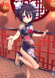  1girl architecture black_hair breasts bun_cover china_dress chinese_clothes chinese_new_year commentary_request double_bun dress east_asian_architecture floral_print hair_bun highres lantern looking_at_viewer mix_tou okuribi open_mouth paper_lantern print_dress rance_(series) rance_x red_eyes small_breasts solo spider_lily_print standing standing_on_one_leg 