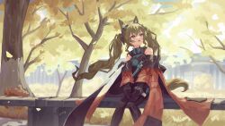  1girl :d absurdres angelina_(arknights) animal_ear_fluff animal_ears arknights arknights:_endfield artist_name autumn bare_shoulders black_thighhighs blurry blurry_background bracelet brown_hair building coat commentary day dot_nose dress feet_out_of_frame floating_hair fox_ears fox_girl fox_tail gilberta_(arknights) grey_dress headpiece high_collar highres incredibly_absurdres infection_monitor_(arknights) jewelry knees_together_feet_apart lerrorkitty long_hair long_sleeves looking_to_the_side looking_up making-of_available off_shoulder open_clothes open_coat orange_eyes outdoors red_coat scenery sitting sleeveless sleeveless_dress smile solo stone_bench tail teeth thigh-highs tree twintails upper_teeth_only 