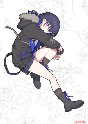  1girl artist_name black_boots black_hair black_jacket black_skirt blue_hair boots closed_mouth commentary_request full_body highres ichinose_uruha ichinose_uruha_(4th_costume) jacket long_sleeves looking_at_viewer multicolored_hair niboshidrip skirt socks solo two-tone_hair violet_eyes virtual_youtuber vspo! white_background 