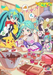  >_< ... 4girls aqua_eyes aqua_hair arm_warmers asymmetrical_gloves bare_shoulders black_dress black_shirt blue_eyes blue_hair blush boku_no_namae_wa_(vocaloid) breasts chocolate closed_eyes closed_mouth clothing_cutout collarbone collared_shirt commentary_request criss-cross_suspenders cropped_shirt cupcake deco_miku deco_miku_(darkness) dress eating fishnet_pantyhose fishnets food gloves grey_shirt hair_between_eyes hair_ornament hatsune_miku heart highres holding holding_whisk jacket kitchen long_hair mele_ck midriff mismatched_gloves mixing_bowl multicolored_hair multiple_girls musical_note navel official_art open_mouth pantyhose pikachu pink_hair pink_shorts pokemon pokemon_(creature) project_voltage red_eyes red_thighhighs second-party_source shirt shorts single_thighhigh sleeveless sleeveless_shirt small_breasts smile speech_bubble spoken_ellipsis spoken_heart spoken_musical_note star_(symbol) star_hair_ornament suspender_shorts suspenders thigh-highs twintails very_long_hair vocaloid whisk white_gloves white_shirt yellow_gloves 