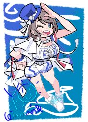1girl absurdres arm_up armlet beginners_sailing belt belt_buckle blue_background blue_eyes blue_hat blue_ribbon blush border bourbunbun bracelet breasts brown_hair buckle capelet character_logo character_name character_signature choker cleavage collar commission dot_nose frills glitter grey_hair hat head_tilt highres jewelry large_breasts looking_at_viewer love_live! love_live!_sunshine!! official_alternate_costume one_eye_closed open_mouth red_ribbon ribbon salute scrunchie shoes short_hair short_sleeves shorts signature simple_background skirt sleeveless smile sneakers solo sparkle striped_clothes striped_shorts teeth thighs top_hat totsuzen_girl upper_teeth_only watanabe_you wavy_hair white_background white_border white_ribbon white_shoes wrist_scrunchie