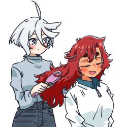  2girls absurdres ahoge be_go_ichi blue_sweater blush brushing_hair closed_eyes closed_mouth collared_shirt commentary_request grey_eyes gundam gundam_suisei_no_majo hair_brush highres holding holding_hair_brush long_hair miorine_rembran multiple_girls red_hair shirt short_hair simple_background smile suletta_mercury sweater thick_eyebrows white_background white_hair white_shirt 