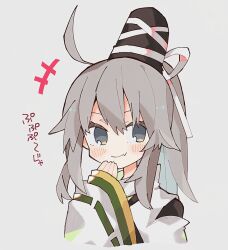  +++ 1girl ahoge black_hat blush commentary_request fang fang_out grey_eyes grey_hair hand_up hat hatsushiro_mamimu highres japanese_clothes kariginu long_hair long_sleeves looking_to_the_side mononobe_no_futo ribbon-trimmed_sleeves ribbon_trim sidelocks simple_background skin_fang smile solo tate_eboshi touhou translation_request white_background wide_sleeves 