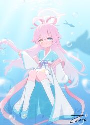 1girl absurdres ahoge air_bubble artist_name blue_archive blue_background blue_eyes blue_hanfu blue_shoes blue_trim bubble child chinese_clothes chinese_hairpin clip_studio_paint_(medium) closed_mouth commentary_request empire_waist fang fang_out feixianji_(hairstyle) flats full_body hair_flaps hair_ornament hair_rings hair_stick halo hand_fan hanfu heterochromia highres hoshino_(blue_archive) hoshino_(mid-autumn_festival)_(blue_archive) invisible_chair jiaoling_ruqun kneehighs knees_together_feet_apart light_blush light_rays long_hair long_sleeves looking_at_viewer miniskirt obi obidome obijime overskirt pinching_sleeves pink_hair pink_halo pink_shawl sash shawl shoes sitting skirt sleeves_past_wrists smile socks solo split_mouth submerged taira_(amlilith) tuanshan two-tone_hanfu two-tone_sleeves underwater very_long_hair watermark white_hanfu white_overskirt white_sash white_skirt white_sleeves wide_sleeves yellow_eyes 