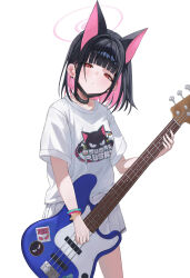  1girl :/ absurdres animal_ears arched_bangs bass_guitar black_choker black_hair black_mask blue_archive blunt_bangs blush cat_ears choker colored_inner_hair danyun_03 extra_ears halo head_tilt highres instrument kazusa_(band)_(blue_archive) kazusa_(blue_archive) logo_print looking_at_viewer mask mask_pull mouth_mask multicolored_hair official_alternate_costume pink_hair pleated_skirt red_eyes shirt short_hair short_sleeves simple_background skirt solo two-tone_hair white_background white_shirt white_skirt 