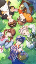  1girl 4boys :d :q absurdres aged_down animal_bag arm_up artem_wing_(tears_of_themis) bag baseball_cap belt belt_buckle black_belt black_hair black_jacket black_pants blue_eyes blue_hat blue_pants blue_sweater brown_hair buckle candy closed_mouth collared_shirt commentary doughnut dress_shirt flower food grass hair_ornament hairclip halloween_bucket hat highres holding holding_candy holding_food holding_lollipop jacket layered_sleeves lollipop long_hair long_sleeves luke_pearce_(tears_of_themis) lying marius_von_hagen_(tears_of_themis) multiple_boys navel necktie on_back on_side open_clothes open_jacket pants parted_lips party_popper pink_necktie plaid_clothes plaid_necktie pocky puffy_long_sleeves puffy_sleeves rabbit_hair_ornament red_eyes red_shirt rosa_(tears_of_themis) safety_pin shirt short_over_long_sleeves short_sleeves shoulder_bag sleeves_past_wrists smile sweater swirl_lollipop t0uka_o1 tears_of_themis tongue tongue_out twintails untranslatable_commentary violet_eyes visor_cap vyn_richter_(tears_of_themis) watermark white_flower white_shirt x_hair_ornament yellow_eyes 