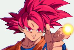  1boy aiming blue_shirt blue_wrist_cuffs dougi dragon_ball dragon_ball_super komesan_0212 orange_shirt red_eyes red_hair shirt smirk solo son_goku spiky_hair super_saiyan super_saiyan_god wrist_cuffs 