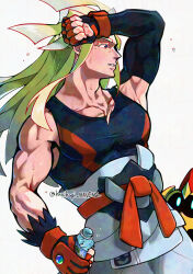  1boy arm_up biceps black_shirt blonde_hair bottle clenched_hand collarbone colored_eyelashes commentary_request detached_sleeves falinks fingerless_gloves gloves grey_pants holding holding_bottle ivor_(pokemon) long_hair looking_to_the_side male_focus muscular muscular_male pants pectorals pokemon pokemon_(creature) pokemon_legends:_z-a red_gloves shirt single_detached_sleeve sleeveless sleeveless_shirt sweat tangmogan_(ffme8438) twitter_username watermark white_background 