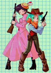  >_< 2girls alternate_costume aqua_eyes aqua_hair bandana bandana_around_neck belt_pouch black_shoes boots breasts brown_boots brown_hair brown_hat closed_eyes commentary_request cowboy_hat cowgirl_(western) current_nadeko dress full_body green_background grey_pants grid_background gun hat hat_feather high_heels highres holding holding_gun holding_weapon legs_apart long_dress long_sleeves looking_to_the_side minooo_zz monogatari_(series) multiple_girls nademonogatari ononoki_yotsugi orange_bandana pants partial_commentary pink_dress pouch red_vest revolver sengoku_nadeko shoes short_hair shotgun small_breasts standing translation_request twintails vest watermark wavy_mouth weapon 