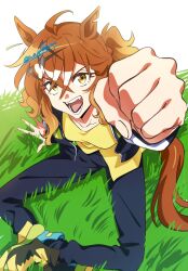  1girl absurdres ahoge animal_ears arm_up black_jacket blue_pants breasts brown_hair clenched_hand collarbone from_above hair_between_eyes hair_ornament hairclip highres horse_ears horse_girl horse_tail jacket jungle_pocket_(umamusume) long_sleeves looking_at_viewer looking_up nk-43g notched_ear open_clothes open_jacket open_mouth pants shirt shoes smile solo tail teeth umamusume yellow_eyes yellow_shirt 