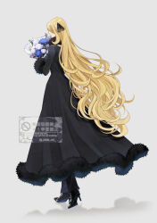  1girl black_coat black_pants black_shoes blonde_hair bouquet closed_mouth coat cynthia_(pokemon) flower full_body fur-trimmed_coat fur-trimmed_sleeves fur_collar fur_trim hair_ornament high_heels holding holding_bouquet long_hair long_sleeves pants pokemon pokemon_dppt sakaralalala shoes simple_background smile solo very_long_hair 
