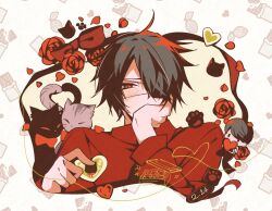  1boy animal black_cat black_hair bow candy cat character_doll chocolate commentary covering_own_mouth dated doll flower food grey_cat hair_over_one_eye hand_over_own_mouth heart heart-shaped_chocolate heart-shaped_food highres holding holding_chocolate holding_food implied_yaoi long_sleeves looking_at_viewer male_focus ooe_(game) oosaki_(ooe) petals red_bow red_eyes red_flower red_petals red_ribbon red_shirt ribbon shinbashi_(ooe) shirt short_hair solo untranslatable_commentary valentine yituo_tusi 