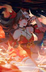  1girl bare_shoulders bell black_choker black_hair breasts brown_hair choker dress fox_mask gloves highres honkai:_star_rail honkai_(series) looking_at_viewer mask mask_on_head neck_bell pink_eyes red_dress smile solo sparkle_(honkai:_star_rail) tran_(traannahh) twintails 