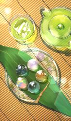  after_time_valentine_2026 commentary_request cup dango drink drinking_glass fate/grand_order fate_(series) food food_focus from_above glass_teapot green_tea ice ice_cube leaf no_humans official_art plate still_life tea teapot third-party_source wagashi xxxxay 