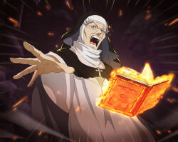  1girl absurdres black_clover black_clover_m:_rise_of_the_wizard_king book brown_eyes cross dress grey_hair grimoire highres looking_at_viewer non-web_source nun nun_headdress official_art old old_woman open_book solo teeth theresa_rapual white_dress wimple 