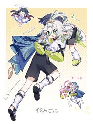  >_< 1boy 4girls absurdres ahoge aino_(genshin_impact) aino_(genshin_impact)_(cosplay) alternate_hairstyle armor bangs_pinned_back barefoot belt belt_buckle black_belt black_hair black_sandals black_shirt black_shorts blue_cape blue_hair blue_hat blunt_bangs blunt_ends blunt_tresses blush border bow bowtie bridal_gauntlets buckle cape carrying_over_shoulder center-flap_bangs clothing_cutout coat colored_inner_hair columbina_(genshin_impact) cosplay cross-shaped_pupils doll_joints dress eye_mask eyelashes facing_to_the_side floating flying genshin_impact gold gold_ring green_eyes green_slippers green_trim grey_bridal_gauntlets hair_between_eyes hair_bun hair_ornament hair_ribbon hair_tubes hairclip hakama hakama_shorts hand_on_another's_back hat head_wings heart heart_hair_ornament highres hip_vent huge_ahoge ineffa_(genshin_impact) japanese_armor japanese_clothes joints kote kurokote lab_coat large_forehead leg_warmers levitation long_hair mask mechanical_legs mechanical_tail middle_ring multicolored_hair multiple_girls multiple_wings nahida_(genshin_impact) nurse_cap o-ring oishii_sasa open_hands open_mouth outstretched_arms pink_hair pink_socks pleated_shorts pointy_ears purple_hair ribbed_sleeves ribbon robot_girl sandals scaramouche_(genshin_impact) screw_hair_ornament shirt shorts side_cape sidelocks single_hair_bun sleeve_belt sleeves_past_fingers sleeves_past_wrists slippers socks stirrup_legwear symbol-shaped_pupils tail tareme toeless_legwear tress_ribbon twitter_username undershirt very_long_hair wanderer_(genshin_impact) watermark white_border white_bow white_bowtie white_coat white_dress white_leg_warmers white_mask white_ribbon white_sleeves white_socks white_trim white_wings wide_sleeves wing_hair_ornament wings x_hair_ornament yellow_background zouri 