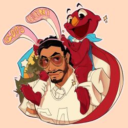 1boy animal_ears aviator_sunglasses bad_bunny beard black_hair brown_eyes carrying collared_shirt elmo facial_hair fake_animal_ears gloves goatee hair_behind_ear looking_at_viewer mustache necktie open_mouth piggyback rabbit_ears real_life red_eyes sesame_street shirt smile southpauz sparkle sunglasses v-shaped_eyebrows white_gloves white_necktie white_shirt 