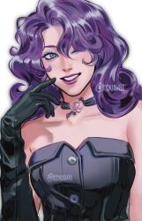  1girl ;d alternate_skin_color bare_shoulders black_choker black_gloves black_shirt blue_eyes blue_eyeshadow blush breasts bright_pupils buttons choker collarbone commentary curly_hair curtained_hair elbow_gloves english_commentary eyeshadow finger_to_cheek flower flower_choker gloves grin hair_between_eyes hair_over_shoulder hand_up highres kouxhii looking_at_viewer makeup medium_hair my_little_pony my_little_pony:_equestria_girls my_little_pony:_friendship_is_magic one_eye_closed pink_flower pink_rose purple_hair purple_lips rarity_(equestria_girls) rarity_(my_little_pony) realistic rose shirt simple_background small_breasts smile solo straight-on strapless strapless_shirt tsurime twitter_username upper_body white_background white_pupils 